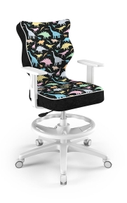 Krzesło do biurka dla dziecka dopasowane do wzrostu 146-176,5 cm, model Duo z podnóżkiem motyw dinozaury obrotowe