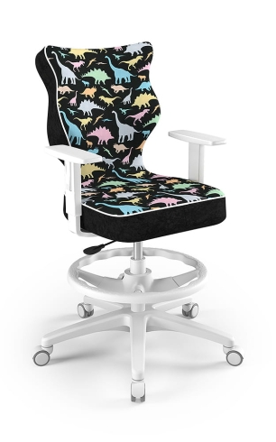 Krzesło do biurka dla dziecka dopasowane do wzrostu 146-176,5 cm, model Duo z podnóżkiem motyw dinozaury obrotowe