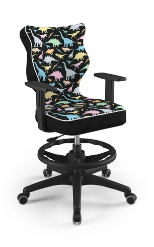 Krzesło do biurka dla dziecka dopasowane do wzrostu 146-176,5 cm, model Duo z podnóżkiem motyw dinozaury obrotowe