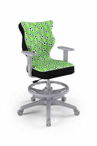 Krzesło do biurka dla chłopca dopasowane do wzrostu 159-188 cm, model Duo z podnóżkiem motyw piłki obrotowe